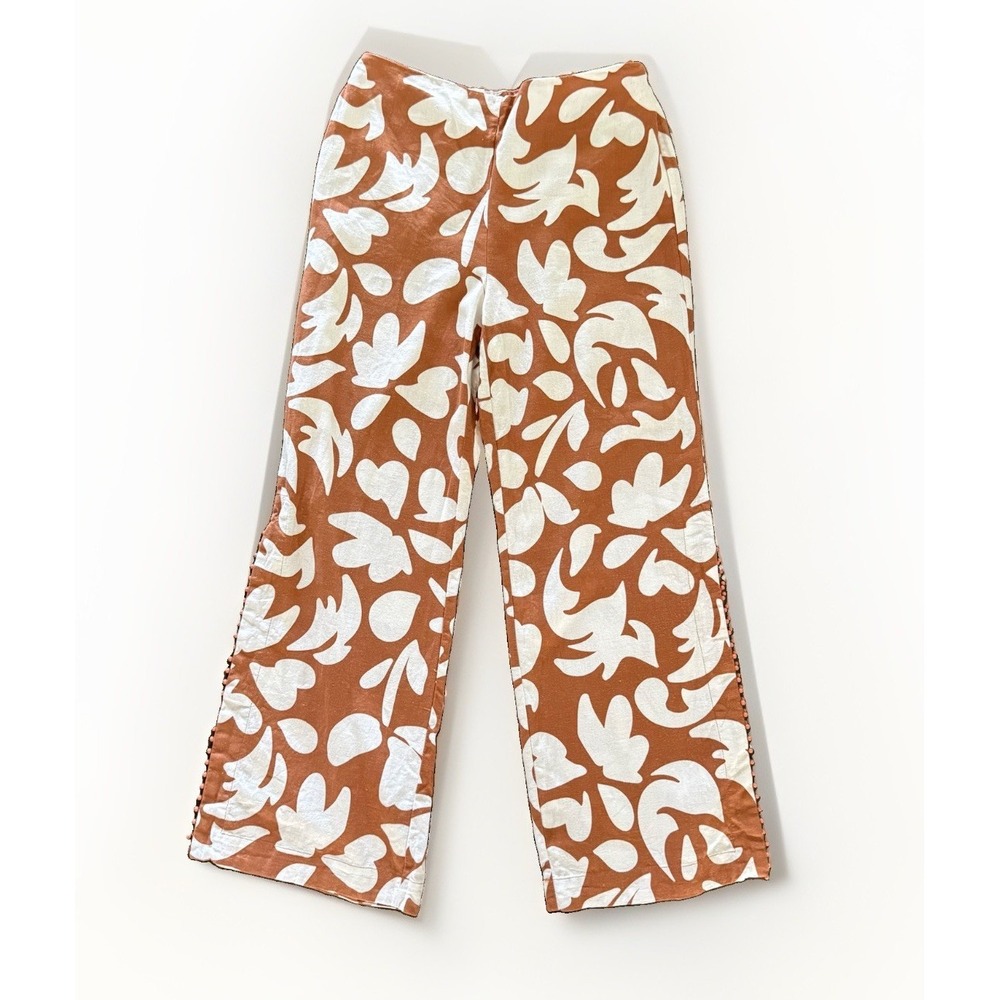 House Of Harlow 1960 Linen Wide Leg Pants Side Slits Beaded Trim Sz10 Boho Flowy - Picture 2 of 10